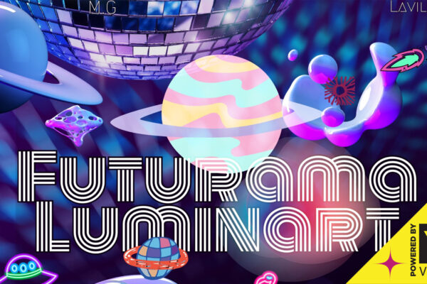 Graphic banner with disco ball, planets, jelly, rocket, spacecraft. Text says "Futurama luminart", lavilamod, mg, powered by vsecu". "Futurama luminary" text is white with all cap letters and background of banner is purple.