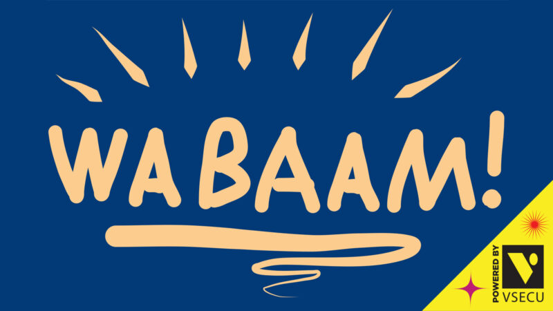 Graphic banner with underlined text across banner saying "wabaam" with exclamation point and text saying "powered by vsecu" in bottom right corner. Text is light tan color, background is blue.