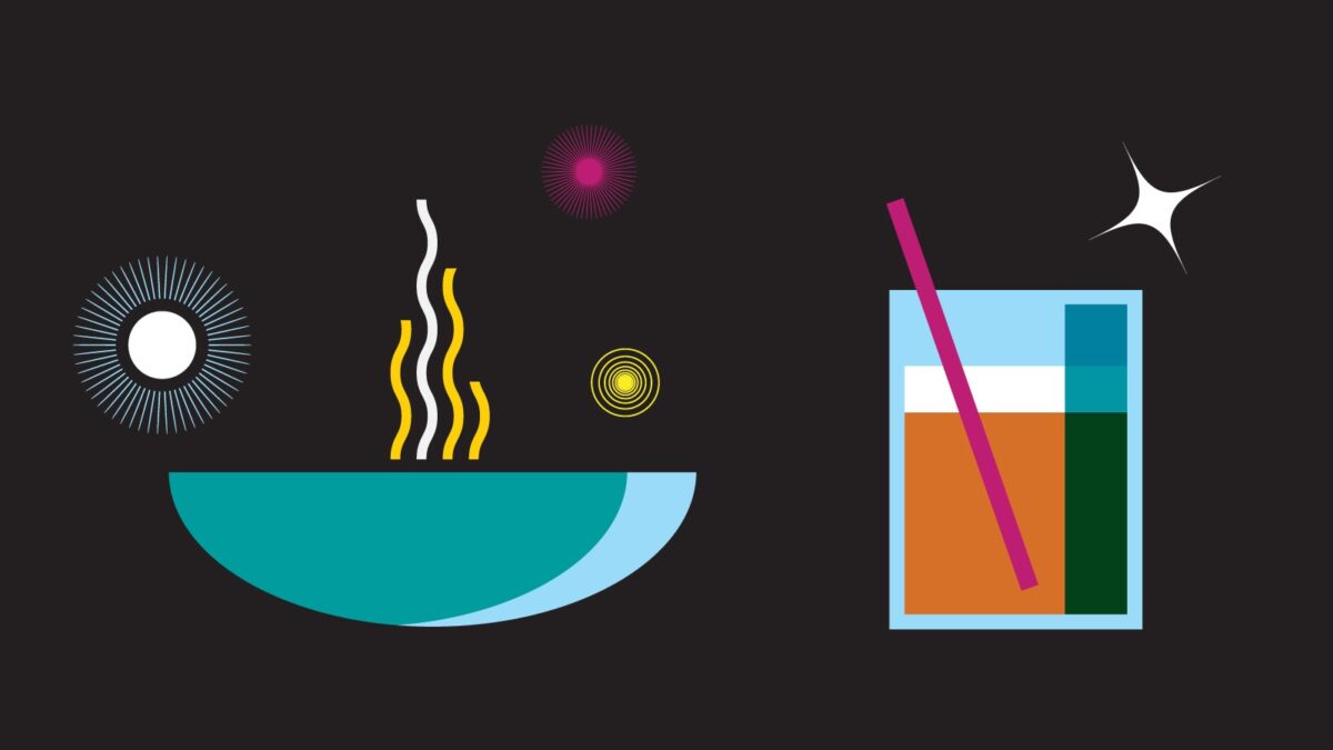 a graphic with a stylized aqua bowl with wavy yellow steam lines, a glass with brown liquid and a pink straw and various starburst and sparkle shapes in magenta, white and yellow against a black background