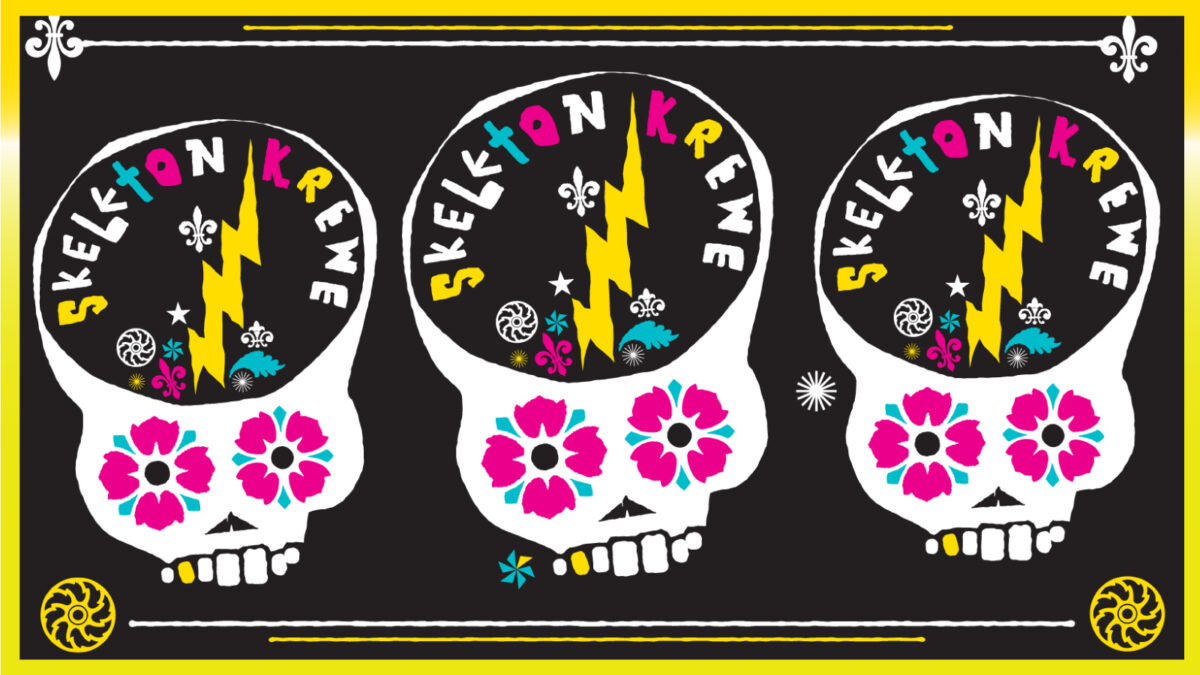 Three graphics of skeletons with a lightening strike in the middle and flower petals around the eyes.