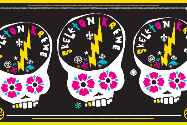 Three graphics of skeletons with a lightening strike in the middle and flower petals around the eyes.