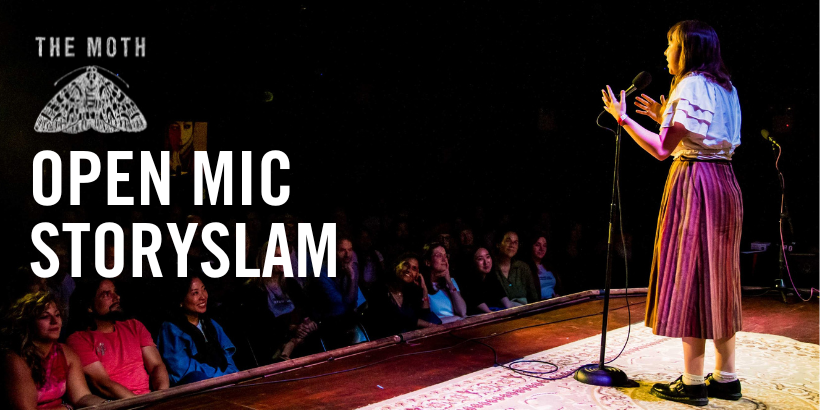 Image of a woman storytellilng on stage in front of an audience